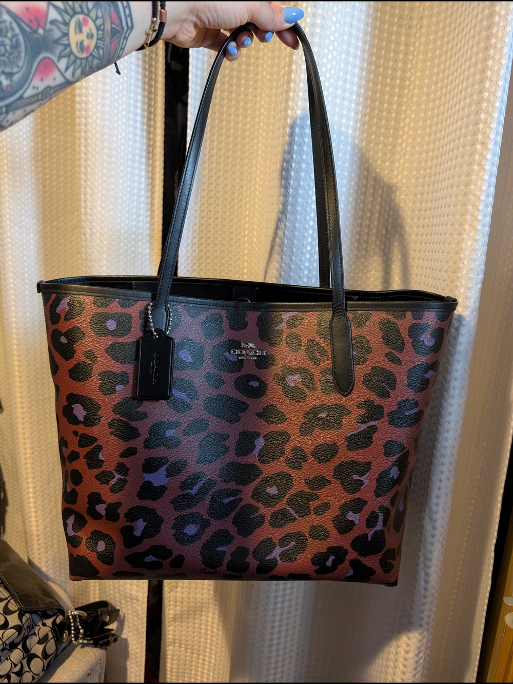Coach Brown and Black Leopard Print Tote with Purple Accents